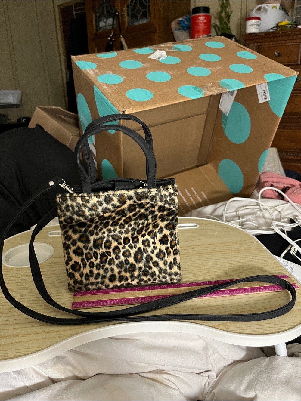 MINI Leopard Print Faux Fur Tote Bag with Black Handles